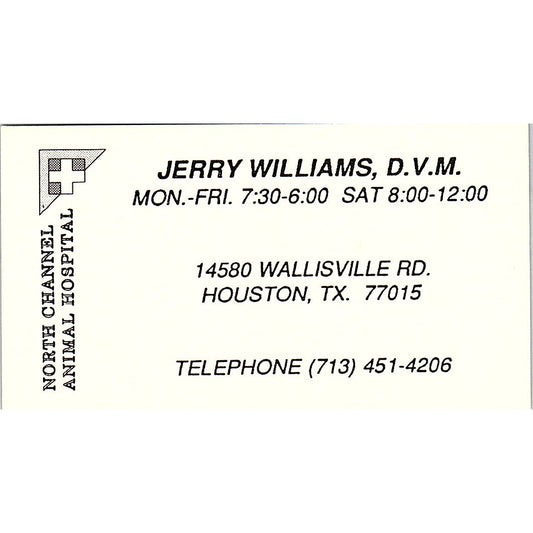 Jerry Williams DVM North Channel Animal Hospital Houston Business Card SC9-B5