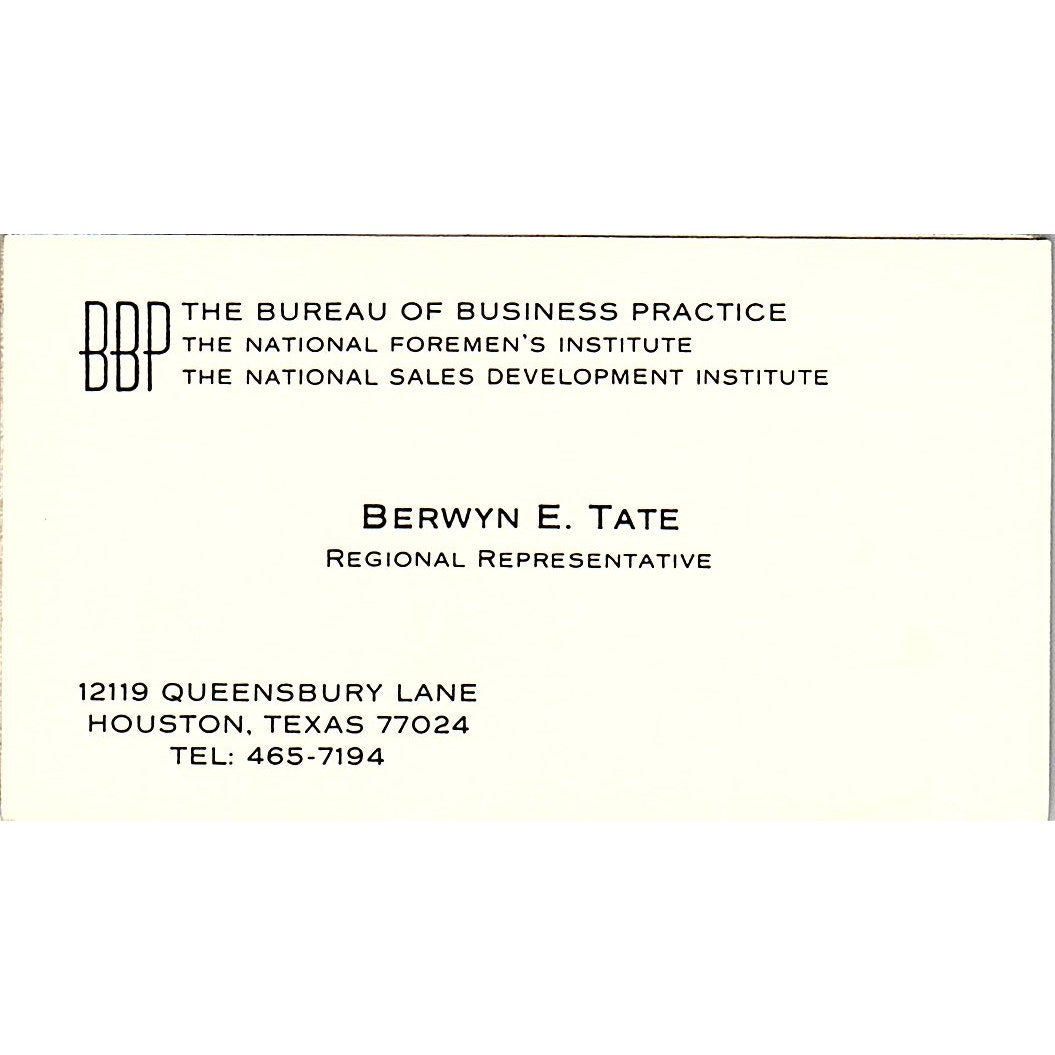 Berwyn E Tate Bureau of Business Practice Houston Vintage Business Card SC9-B13