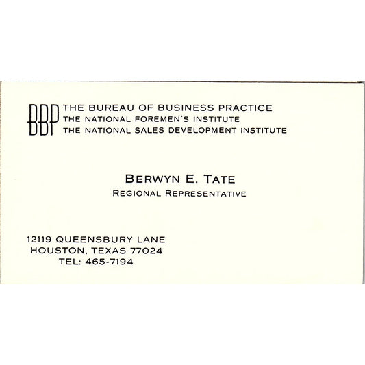 Berwyn E Tate Bureau of Business Practice Houston Vintage Business Card SC9-B13