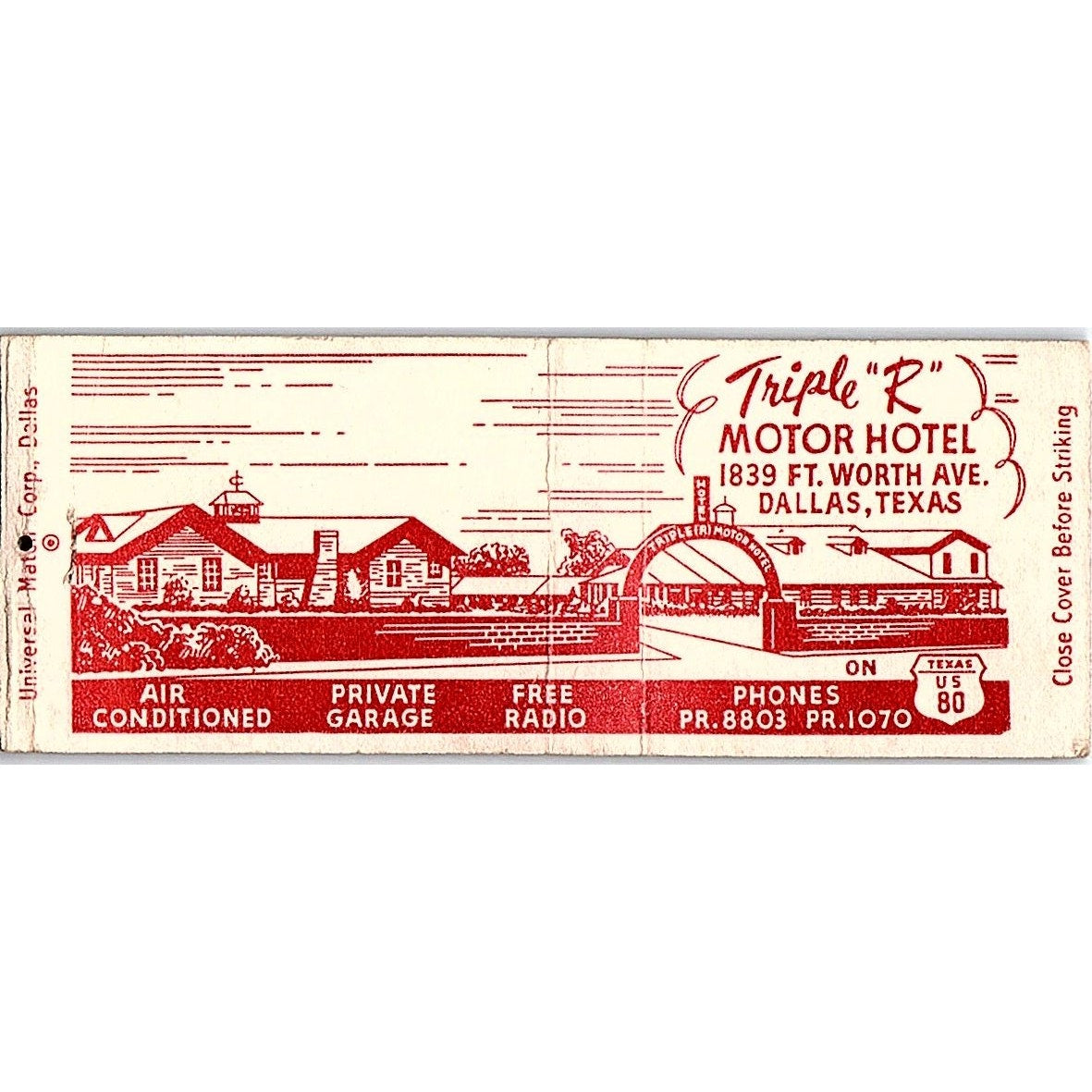 Triple R Motor Hotel Ft. Worth Ave Dallas TX Vintage Matchbook Cover SC7-Y1