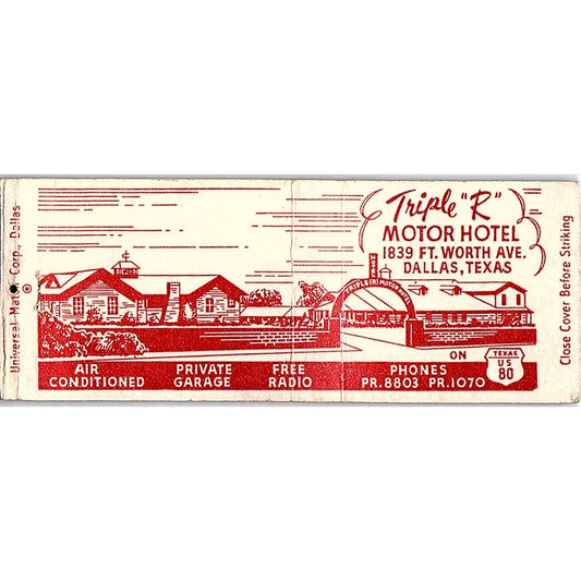 Triple R Motor Hotel Ft. Worth Ave Dallas TX Vintage Matchbook Cover SC7-Y1