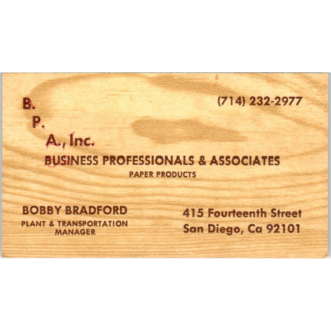 Bobby Bradford BPA Paper Products San Diego Business Card SE3-B4