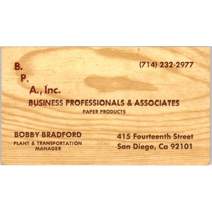 Bobby Bradford BPA Paper Products San Diego Business Card SE3-B4