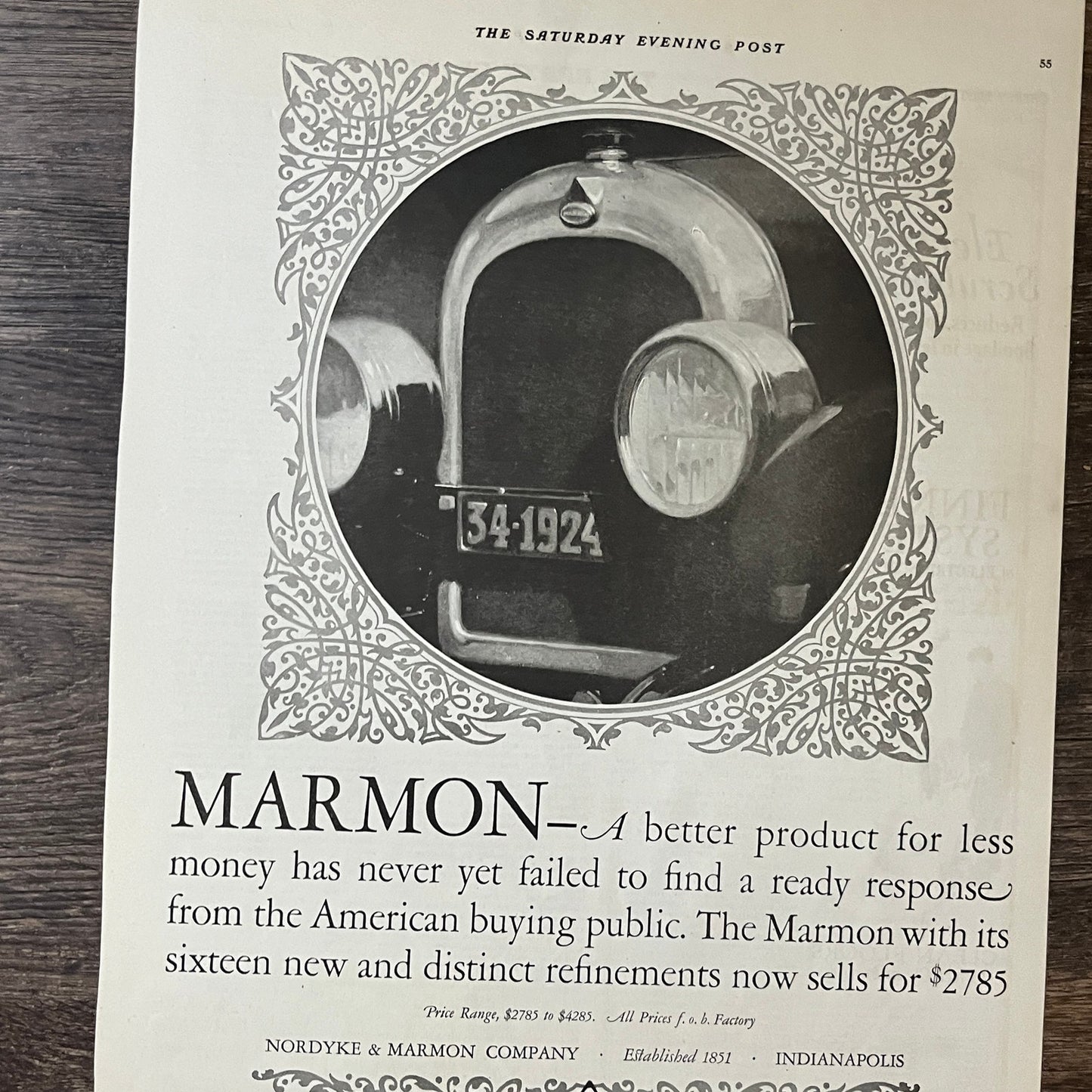 Marmon Automobile Nordyke & Marmon Co Indianapolis Vintage Magazine Ad 10x13 V8