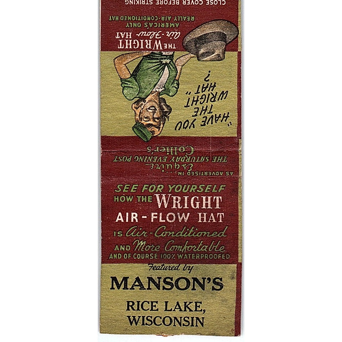 Manson's The Wright Air Flow Hat Rice Lake WI Vintage Matchbook Cover SC7-Y10