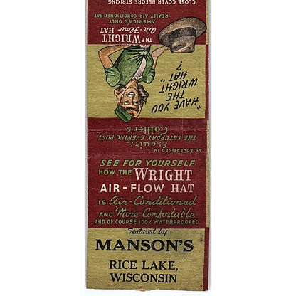 Manson's The Wright Air Flow Hat Rice Lake WI Vintage Matchbook Cover SC7-Y10