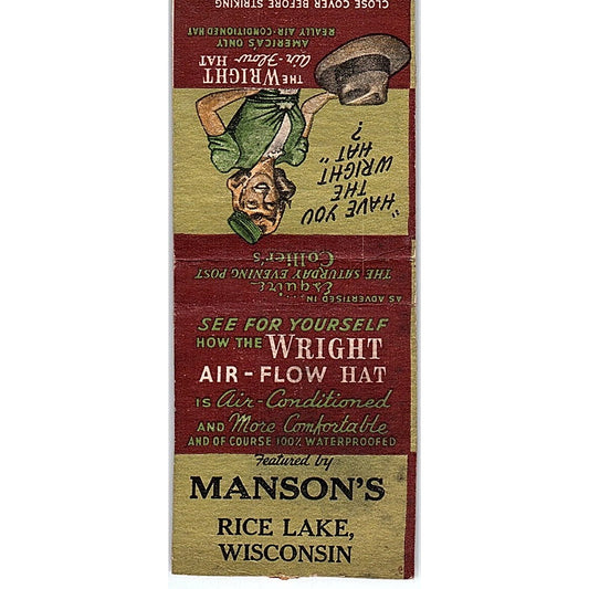 Manson's The Wright Air Flow Hat Rice Lake WI Vintage Matchbook Cover SC7-Y10
