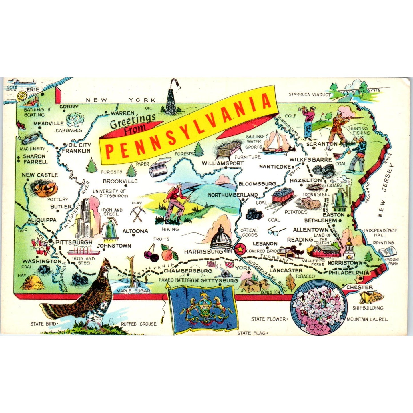 Pennsylvania Tourist Attraction Illustrated Map Vintage Postcard PD1