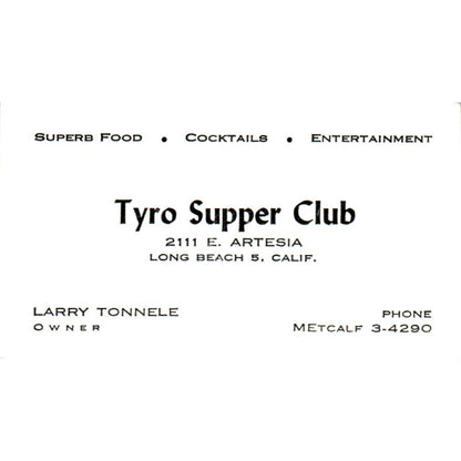 Larry Tonnele Tyro Supper Club Long Beach CA Vintage Business Card SD8-B7