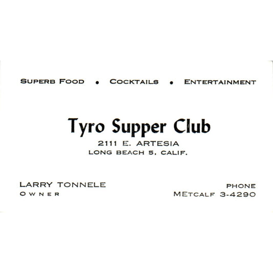 Larry Tonnele Tyro Supper Club Long Beach CA Vintage Business Card SD8-B7