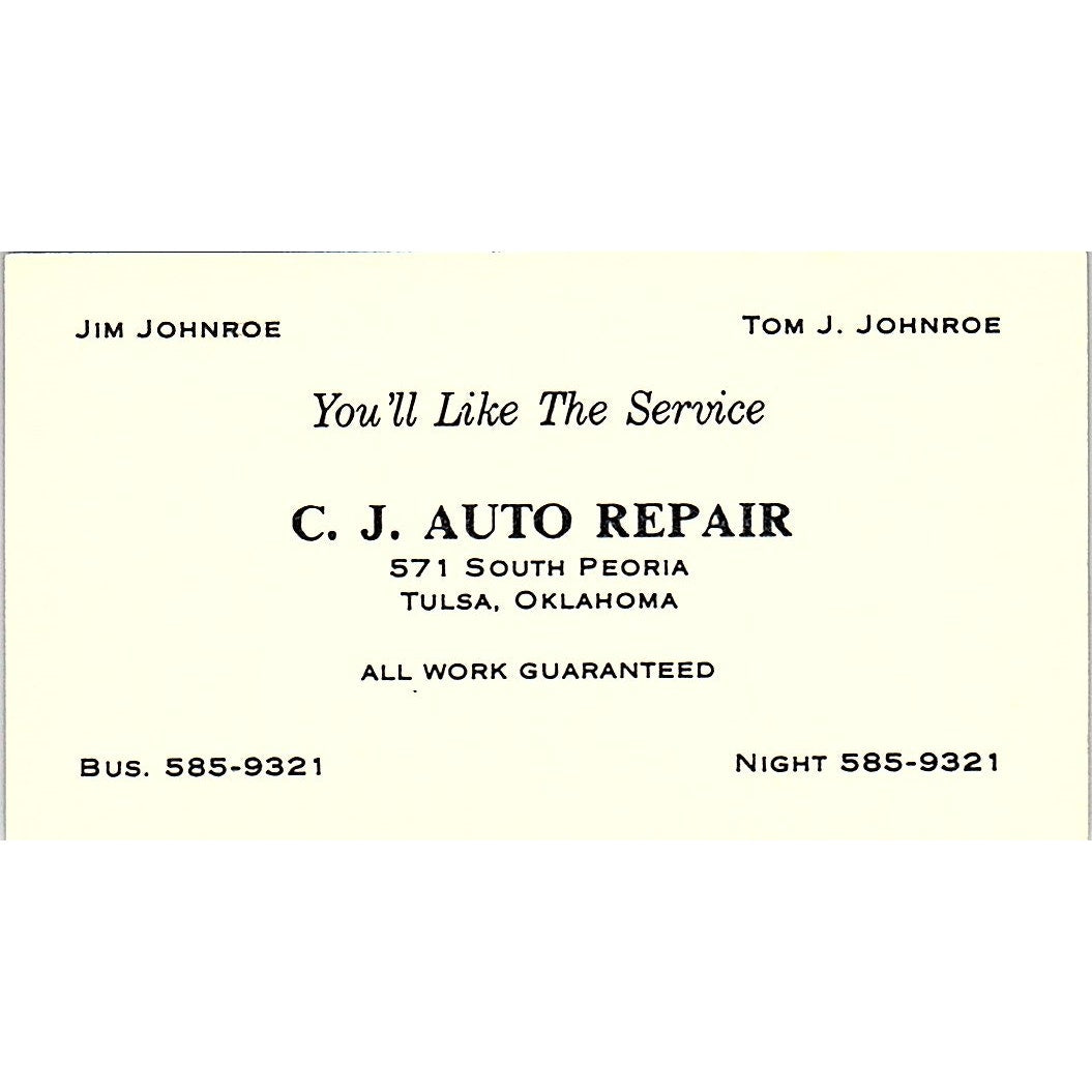 CJ Auto Repair Jim & Tom Johnroe Tulsa OK Vintage Business Card SE3-B13