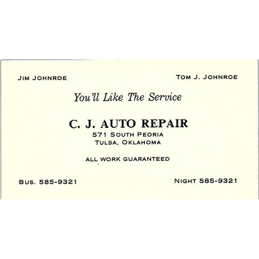 CJ Auto Repair Jim & Tom Johnroe Tulsa OK Vintage Business Card SE3-B13
