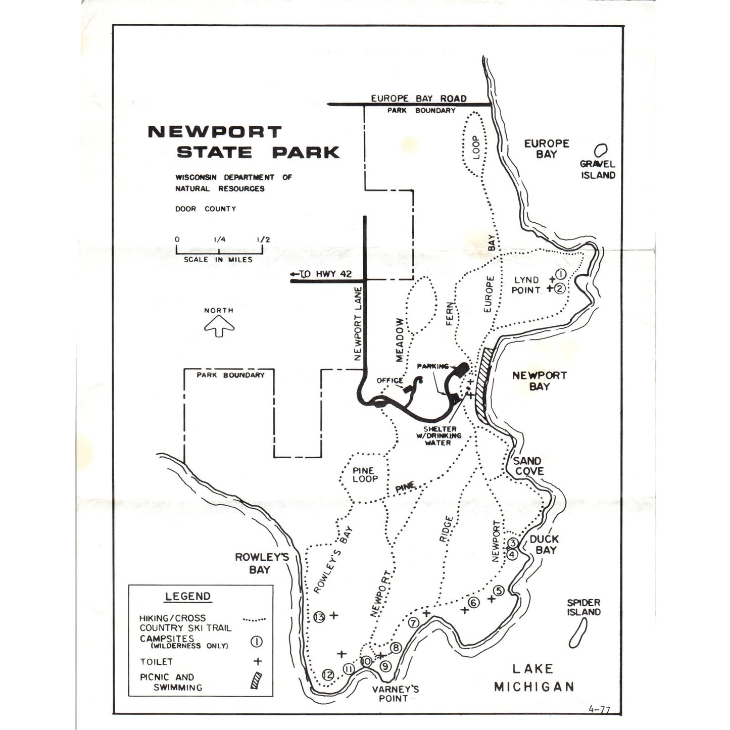 1977 Newport State Park Visitor Map Wisconsin Dept of Natural Resources TF4-B3