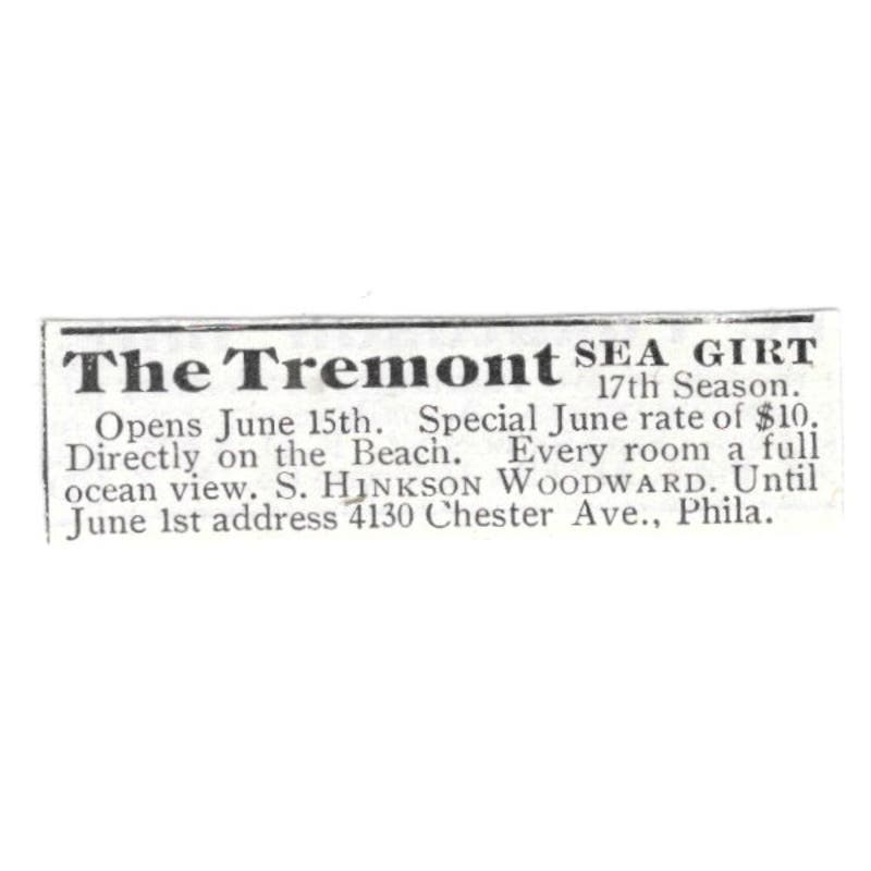 The Tremont Sea Girt S. Hinkson Woodward Philadelphia 1918 Advertisement AE5-SV5