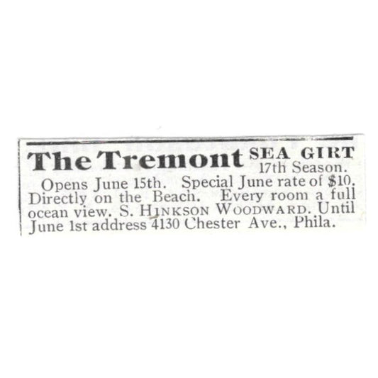 The Tremont Sea Girt S. Hinkson Woodward Philadelphia 1918 Advertisement AE5-SV5