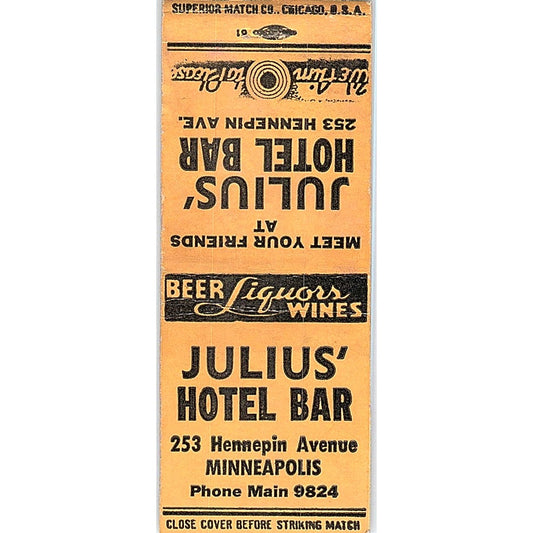 Julius' Hotel Bar Minneapolis Vintage Matchbook Cover SF3-Y7