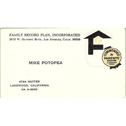 Family Record Plan Mike Potopea Lakewood CA Vintage Business Card SF3-B4