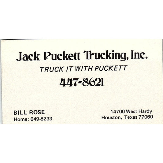 Jack Puckett Trucking Inc. Bill Rose Houston Texas Vintage Business Card SB4-B5