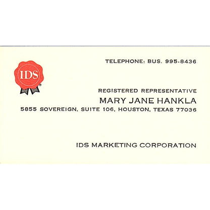 IDS Marketing Corporation Mary Jane Hankla Houston Texas Business Card SF3-B7