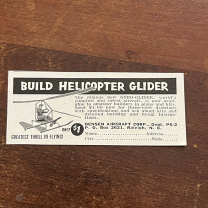 Build a Helicopter Glider - Benson Aircraft Corp Raleigh NC 1955 Ad AF9-S2