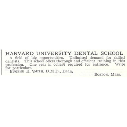 Harvard University Dental School Eugene H. Smith c1918 Advertisement AE5-SV1