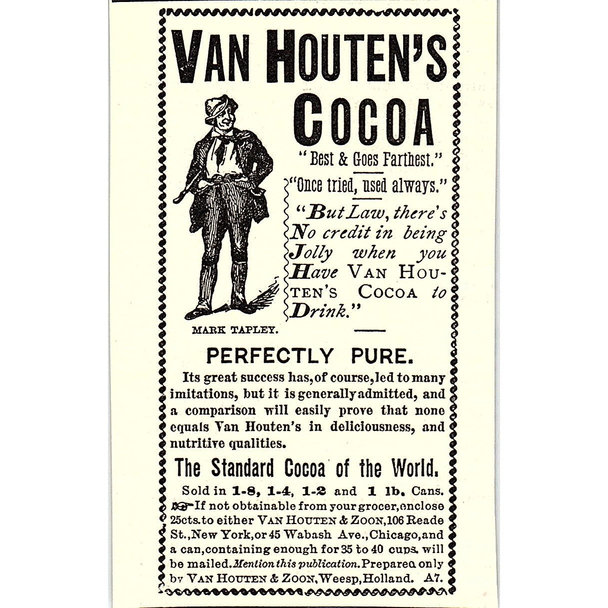 Van Houten's Cocoa Mark Tapley Van Houten & Zoon Weesp Holland 1892 Ad AG2-M9