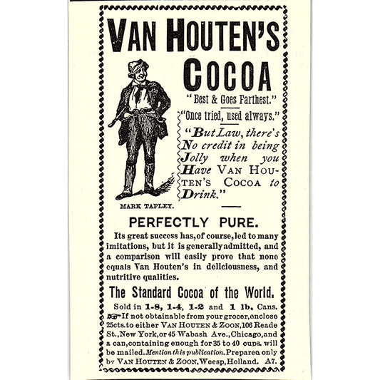 Van Houten's Cocoa Mark Tapley Van Houten & Zoon Weesp Holland 1892 Ad AG2-M9