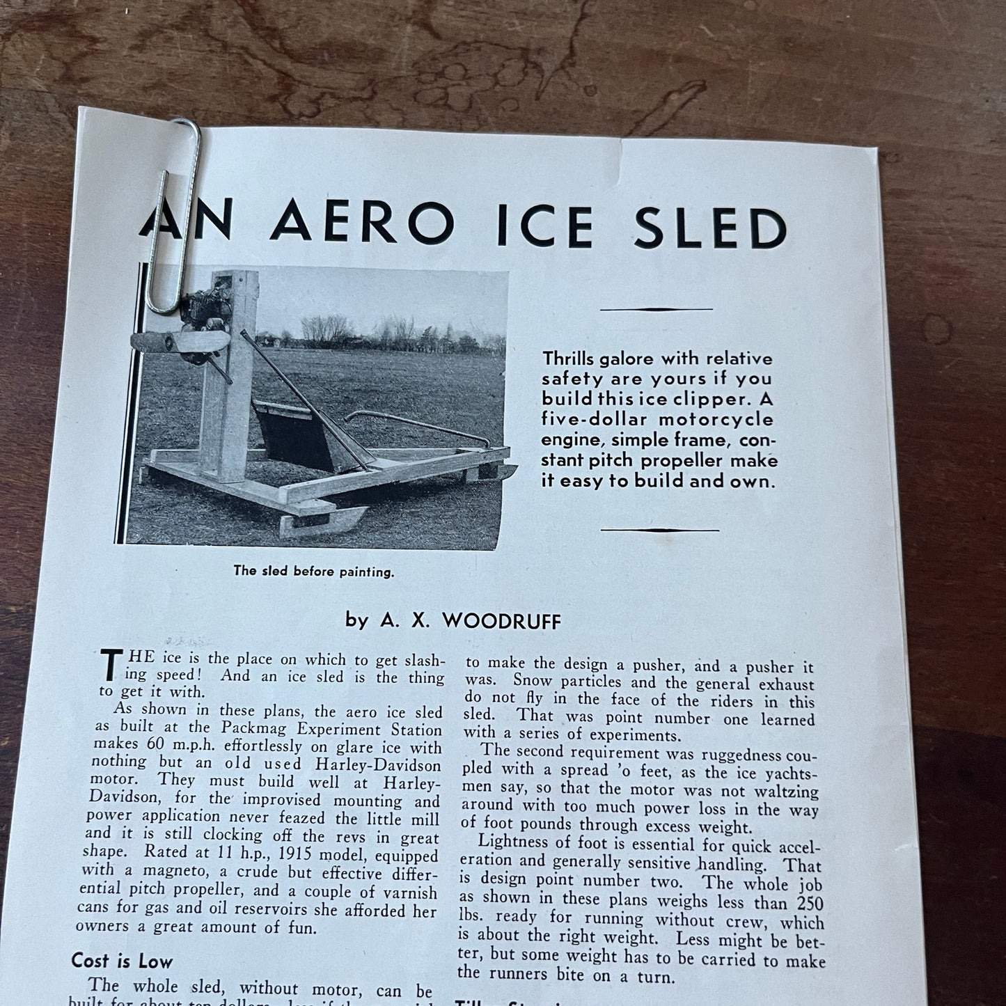 Build an Aero Ice Sled That Goes 60mph X.A. Woodruff 3 Pages 1931 Article AG1-13