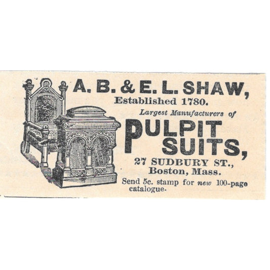 A.B. & E.L. Shaw Pulpit Suits Sudbury St. Boston MA 1894 Ad AK6-S7
