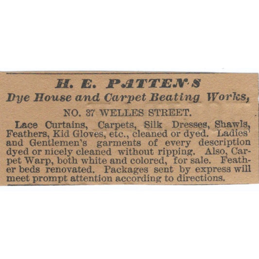 H.E Patten Dye House Carpet Beating Welles St Hartford 1886 Newspaper Ad AF7-SS7