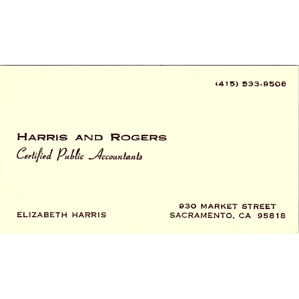 Elizabeth Harris and Rogers CPA Sacramento CA Vintage Business Card SD9-B1