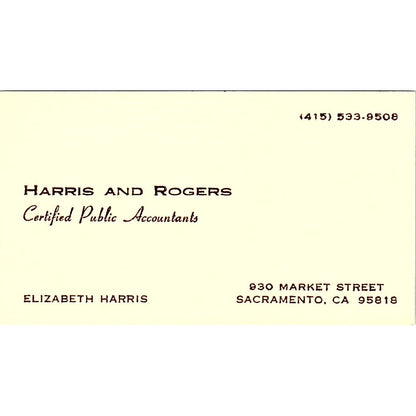 Elizabeth Harris and Rogers CPA Sacramento CA Vintage Business Card SD9-B1