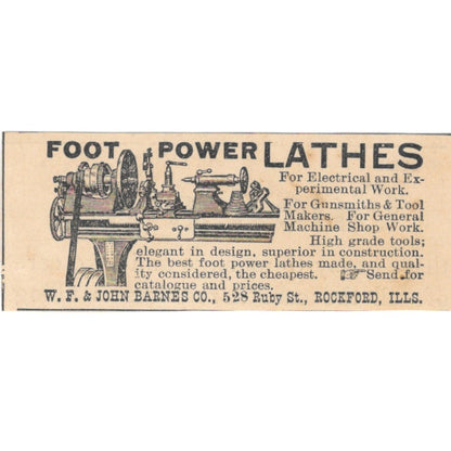 Foot Power Lathes W.F. & John Barnes Co Rockford IL 1892 Magazine Ad AK6-S1