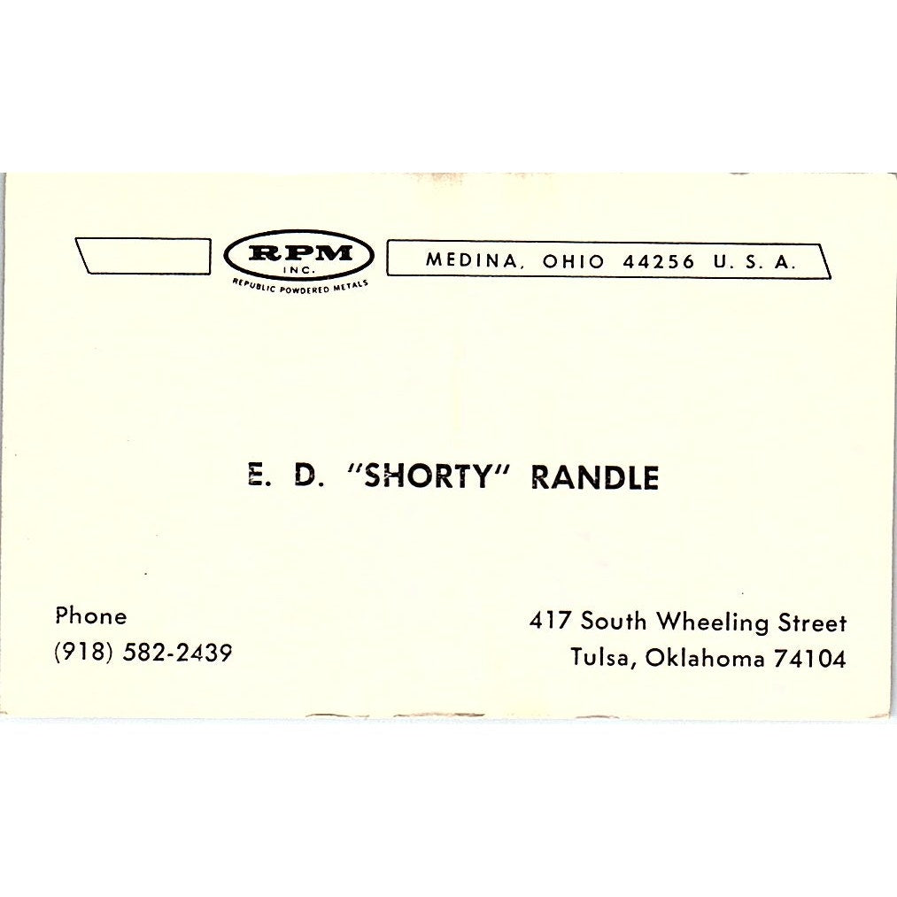 RPM Inc E D Shorty Randle Tusla Oklahoma Vintage  Business Card SB4-B9