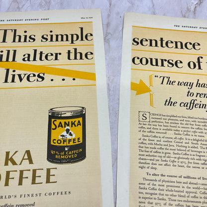 Sanka Coffee Decaf 2 Pages 1928 Original Magazine Advertisement FL6-8