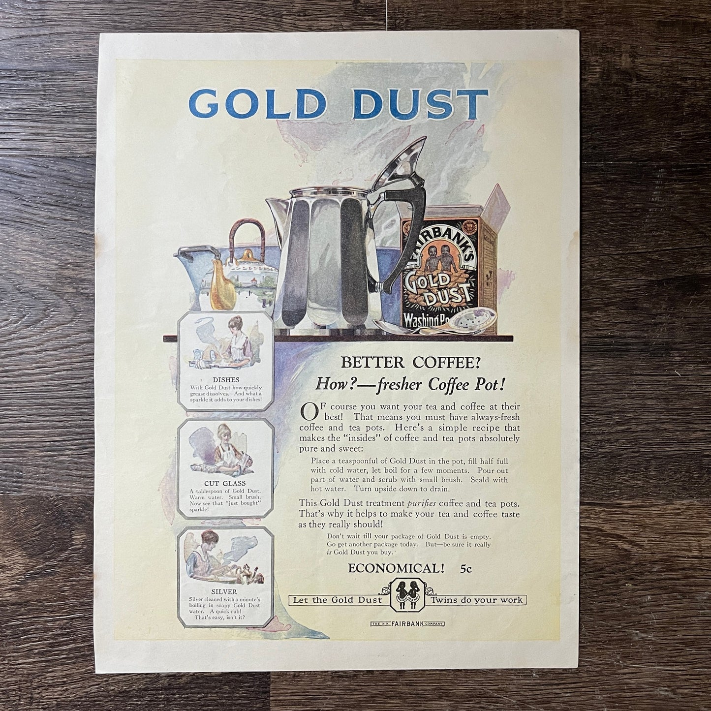 Gold Dust Coffee & Tea Pot Cleaner N.K. Fairbank Co Vintage Magazine Ad 10x13 V7