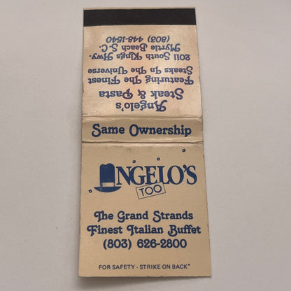 Angelo's Too Italian Buffet Myrtle Beach SC Vintage Matchbook Cover TB8-MB2-3