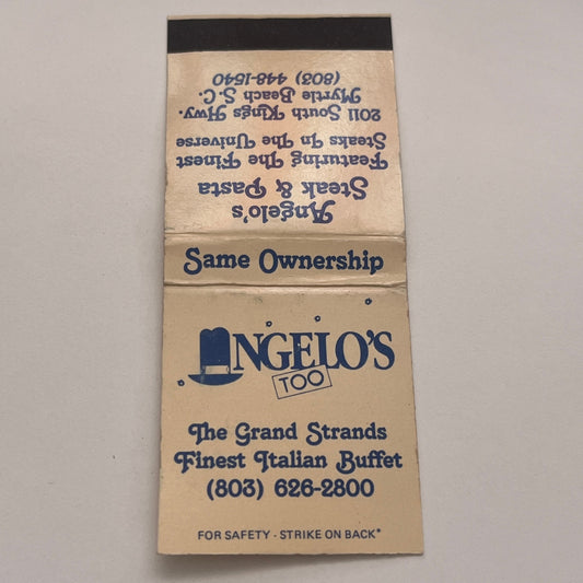 Angelo's Too Italian Buffet Myrtle Beach SC Vintage Matchbook Cover TB8-MB2-3
