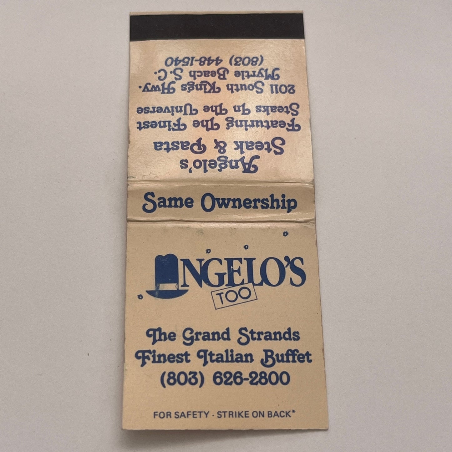 Angelo's Too Italian Buffet Myrtle Beach SC Vintage Matchbook Cover MM4-2