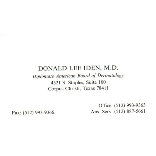 Donald Lee Iden MD Dermatology Corpus Christi TX Vintage Business Card SD8-B18