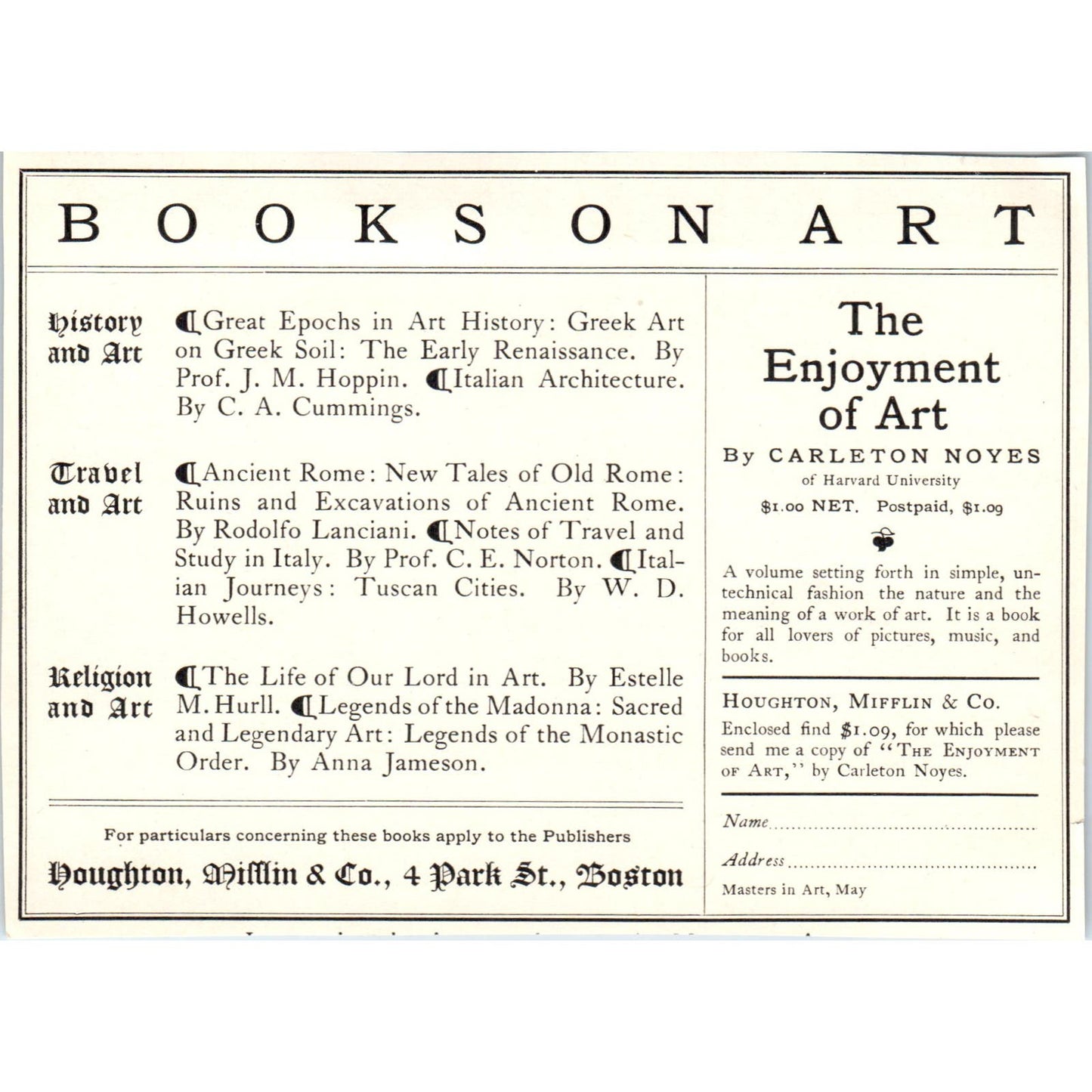 Books on Art Houghton, Mifflin and Co Boston c1905 Victorian Ad AE9-MA4