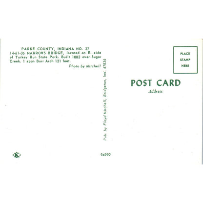 Parke County IN 37 Narrows Bridge Vintage Covered Bridge Postcard PD1