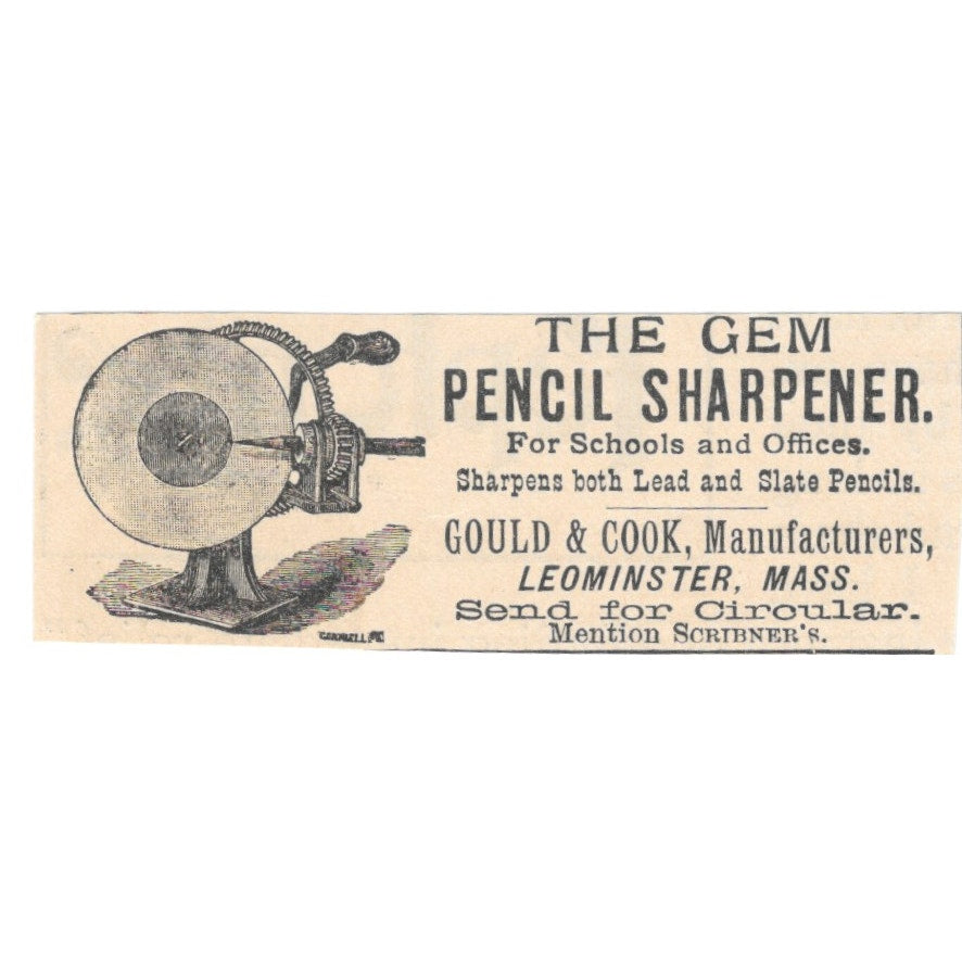 Gem Pencil Sharpener Gould & Cook Leominster MA 1892 Magazine Ad AB6-S1