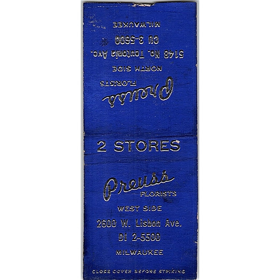 Preuss Florists Milwaukee WI Vintage Matchbook Cover SF3-Y4