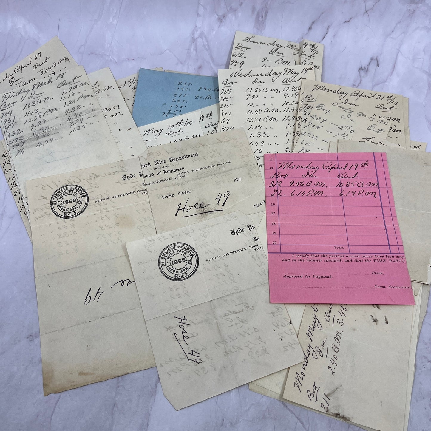 c1913 Hyde Park Fire Dept Hose 49 Original Lot of Handwritten Records TB8