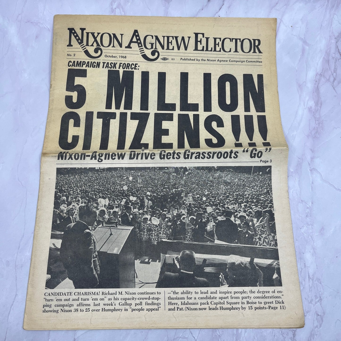 1968 Nixon Agnew Elector Newspaper No. 2 Nixon Campaign V14-5