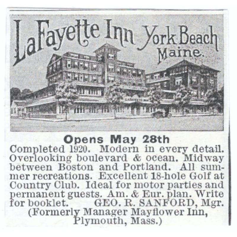 LaFayette Inn York Beach ME Geo. R. Sanford c1918 Original Advertisement AE5-SV6
