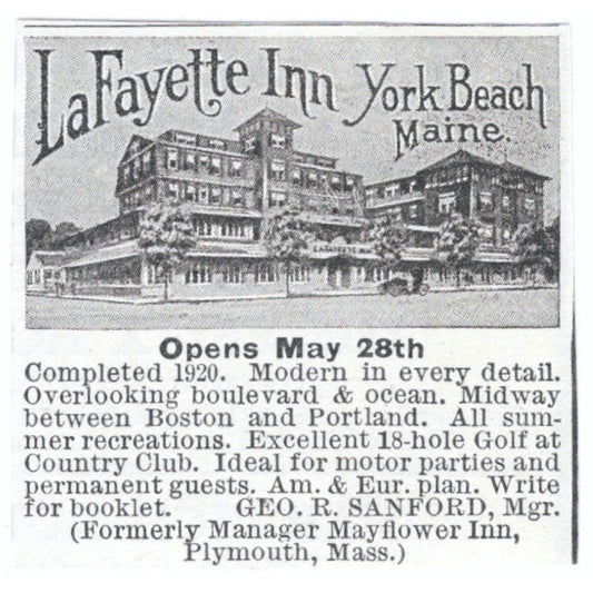 LaFayette Inn York Beach ME Geo. R. Sanford c1918 Original Advertisement AE5-SV6