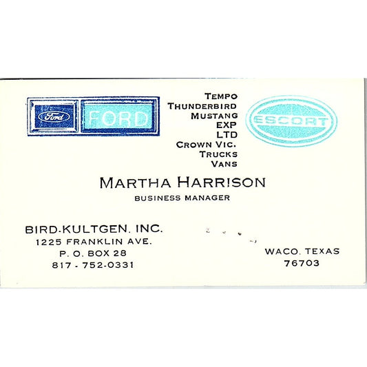Bird Kultgen Inc. Martha Harrison Tempo Waco Texas Vintage Business Card SF3-B2