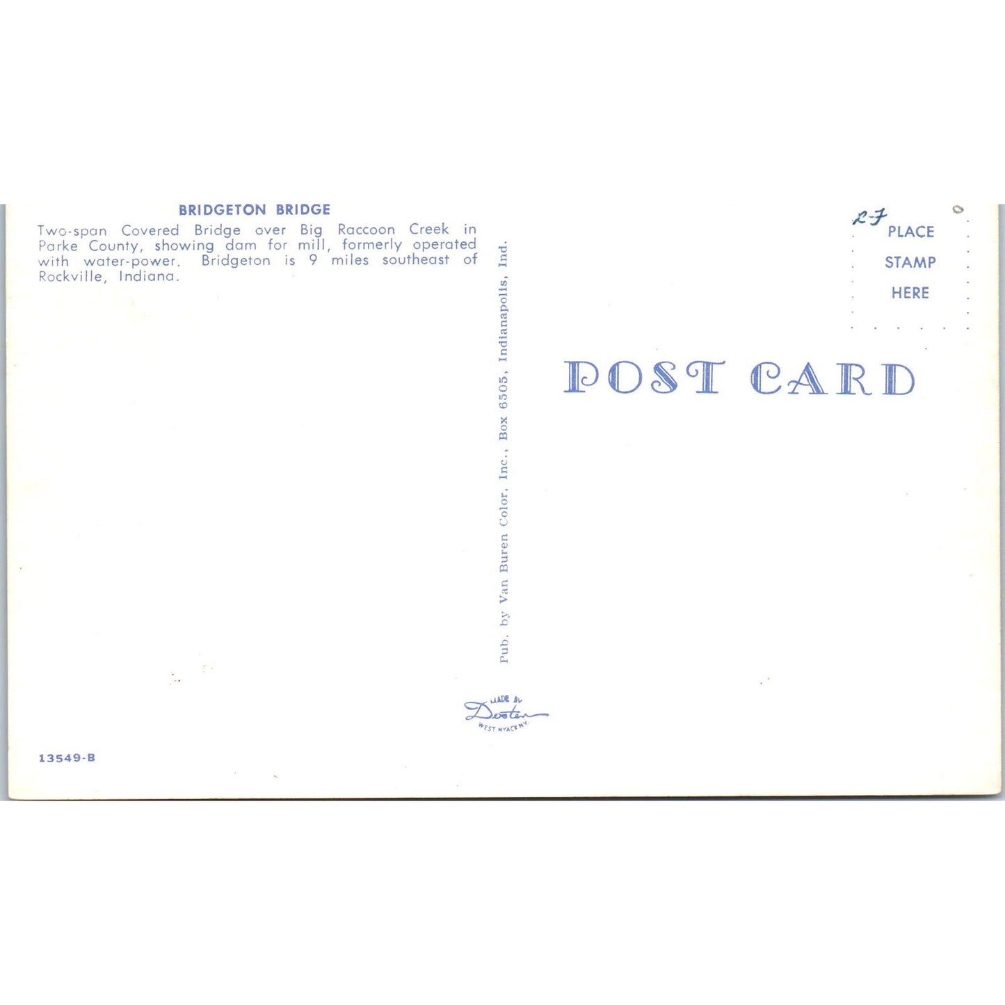 Bridgeton Bridge Parke County IN Big Raccoon Creek Covered Bridge Postcard PD3